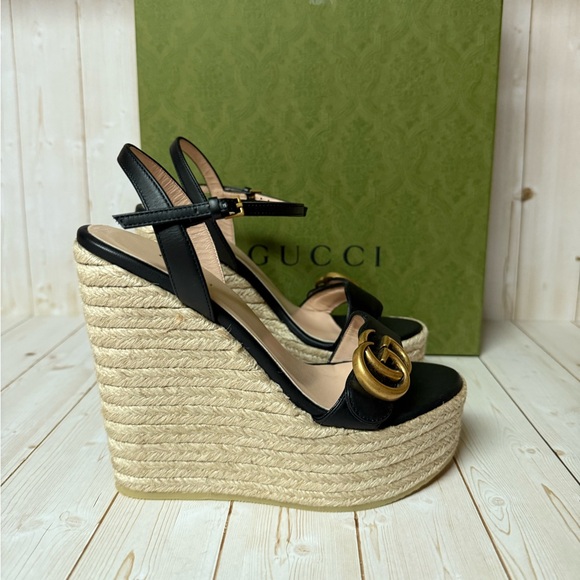 Gucci Nappa Matelasse GG Marmont Platform Espadrille Wedges Black Sz 35 / 5 - Picture 3 of 11
